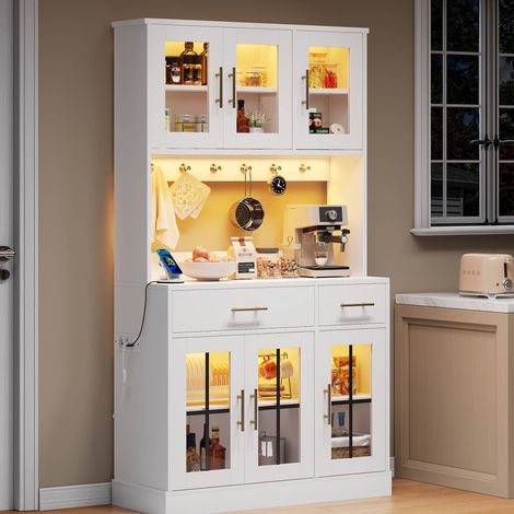 Credenza da cucina con LED e presa, 6 ante, 2 cassetti, ripiani regolabili, bianco DESVIAE (1/5)