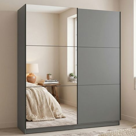 Großer Kleiderschrank Verzino, Schlafzimmer-Schrank mit 5 Regalen, Kleiderstange, 2 Türen, 179x210h cm Anthrazit Schwarz (1/5)
