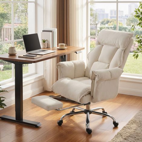 Fauteuil de bureau Fauteuil pivotant réglable en hauteur avec appui lombaire, repose-pieds, flanelle de neige, 80 x 80 x 106-114 cm Blanc crème (1/4)
