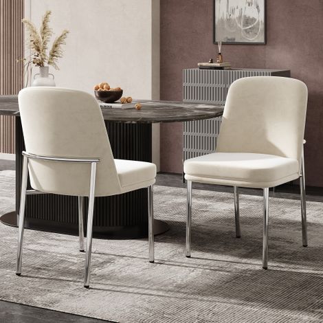 Sedie da pranzo, set da 2, con cuscini di seduta imbottiti e gambe in metallo, adatte per sale da pranzo, in stile moderno minimalista, struttura in argento galvanizzato, velluto, beige