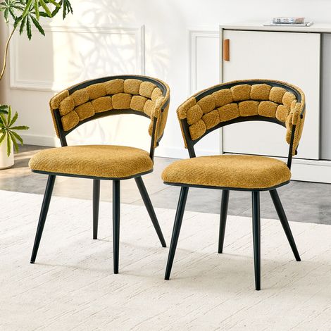 Lot de 2 chaises de salle a manger en velours jaune avec pieds en metal noir, dossier enveloppant moderne (1/5)