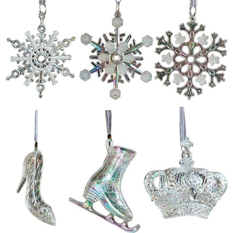 (Set aus 6 Teilen: 1 High Heel, 1 Krone, 1 Rollschuh und ein Set aus 3 Schneeflocken) Weihnachtsdekorationen, Christbaumschmuck, Acryl-Anhänger, farbige, klare Eiskristall-Anhänger. (1/2)