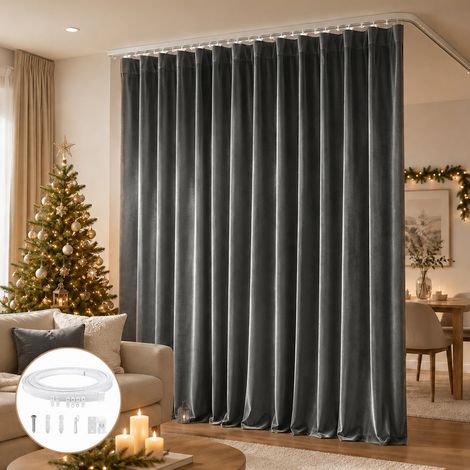 HEMVOR Rideau séparateur de pièce en velours 260 g/m² 254 x 244 cm avec rail de plafond flexible Gris (1/5)