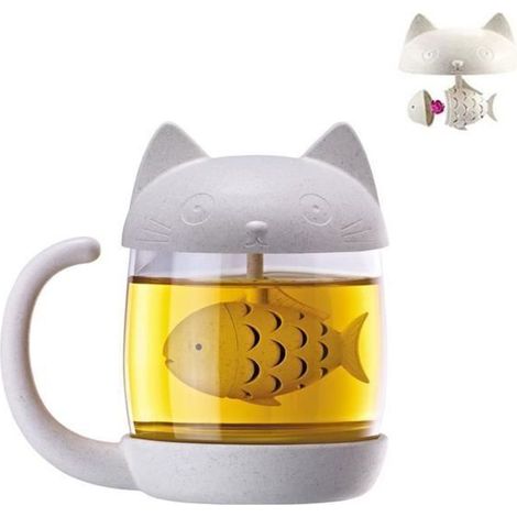Cadeau Femme Cadeau Noel Mug Tasse à thé en verre en forme de chat avec filtre à infusion en forme de poisson 300ML