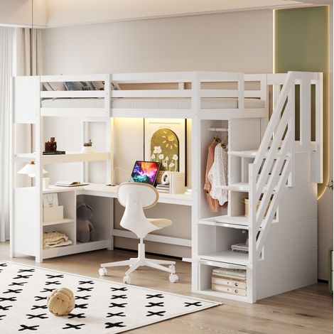 Lit mezzanine 90/200 cm blanc en bois de pin et panneaux de fibres avec bureau, armoire et rangements (1/5)