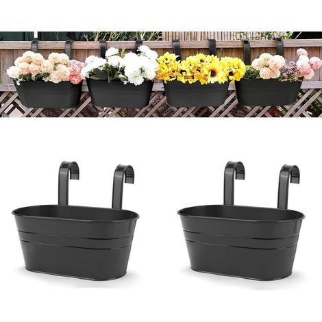 2 grands pots suspendus - jardinières murales en fer forgé - intérieur/extérieur - pour clôture, balcon, jardin, décoration intérieure - avec crochet amovible - convient pour clôture, balcon (noir)