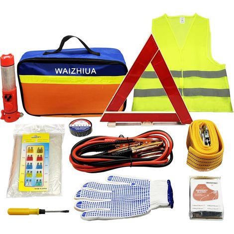 Kit de 12 Outils d'urgence pour Voiture, Kit de Sécurité Automobile avec Triangle De Signalisation, Gilet Visibilité, Marteau de Sécurité de Voiture, Sac de Rangement (1/5)