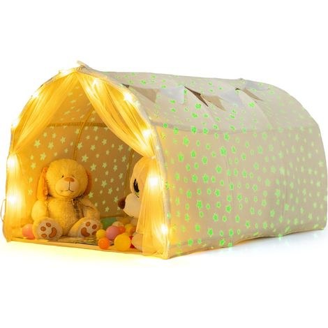 Tente de Lit Espace Privé Magique pour Lits Superposés Simples avec Étoiles Phosphorescentes Rideaux en Filet pour 3+ Ans Beige (1/2)