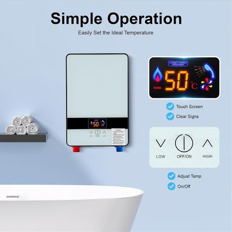 Chauffe-eau électrique instantané avec douchette à main - Chauffe-eau électrique pour salle de bain douche - 6500 W - Blanc (1/5)