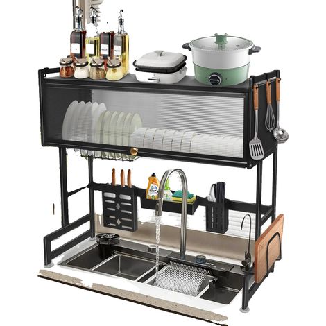 Escurridor de platos, diseño de 2 niveles, resistente a la oxidación, negro-a, XL-a (1/2)