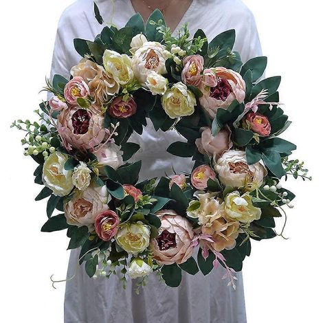 Couronne de pivoines artificielles ronde et soyeuse, décoration florale d'intérieur et d'extérieur, 40 cm (16 pouces) (1/4)