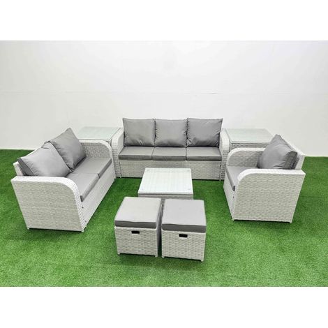 Fimous Patio PE Wicker 8 Seater Outdoor Rattan Furniture Sofa Sets with Square Coffee Table Reclining Chair Loveseat Sofa 3 Seater Sofa Stool 2 Side Table Light Grey (1/4)