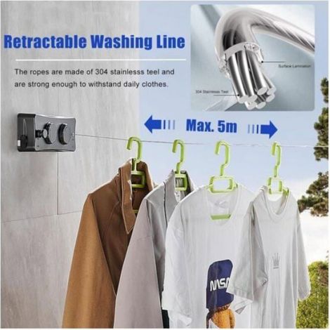 2 x 5M Corde à Linge Rétractable, Fil a Ligne Retractable Murale avec Ligne en Acier Inoxydable, Fil Linge Extensible Ré Étiquette (1/5)