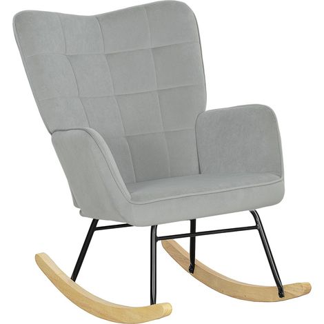 Fauteuil à Bascule - Velours Gris Clair - Accoudoirs et Patins en Bois - Pour Salon ou Chambre (1/5)