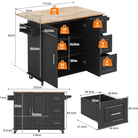Grande table de cuisine mobile – Plateau en chêne, design pliable, meuble multifonction, 3 tiroirs, porte-serviettes – Idéale pour la cuisine, la salle à manger et la maison