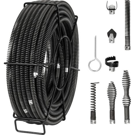 Câble furet déboucheur professionnel 30,5 m x 1,6 cm avec 7 embouts pour canalisations de 2 à 10 cm (1/5)