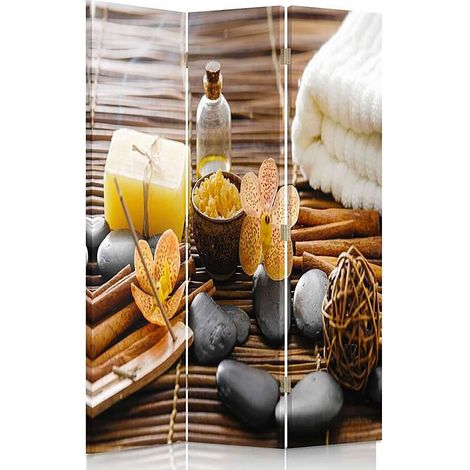Paravent Décoratif pour Spa et Bien-être 3 Volets - 110 x 180 cm - 1 face déco, 1 face noir