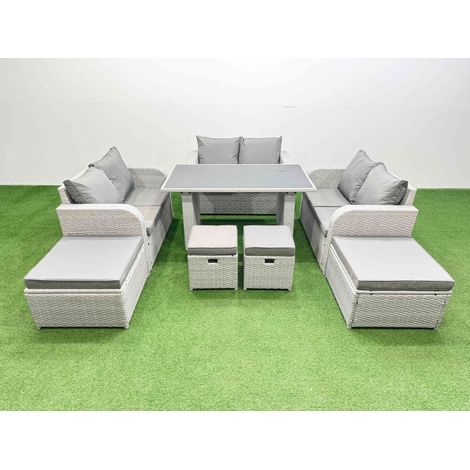 Fimous 10 Seater Patio Garden Furniture Sets with Black Glass Top Dining Table Love Sofa 2 Side Tables 4 Stools Light Grey (1/4)
