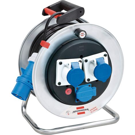 Brennenstuhl 1192786 Avvolgicavo 33 m serie Garant SK in acciaio zincato antiruggine, 2 prese CEE 3 poli 230V/16A 1 presa Schuko, coperchi autochiudenti, diametro 29 cm maniglia ergonomica, argento (1/4)