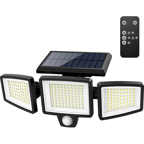 Lampe solaire à détecteur de mouvement, projecteur de sécurité à 3 têtes, étanche IP65, grand angle de 270°, 3 modes d'éclairage, 2500 lm, 210 LED, télécommande (1/5)