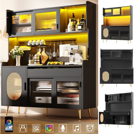 Buffet de cuisine campagne 145x39x171cm, 5 portes vitrées cannelées, armoire de rangement avec bandeau LED & panneau organiseur, marron/noir