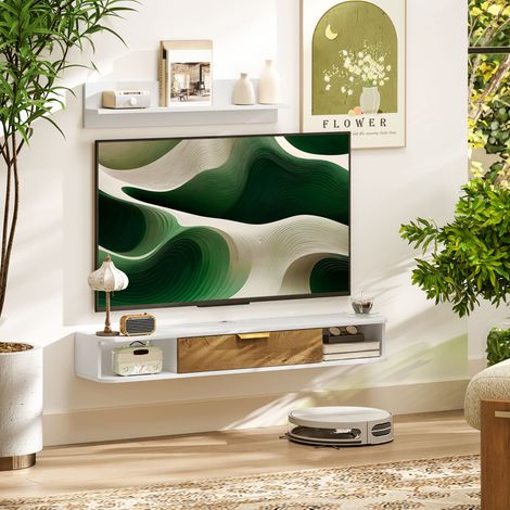 Ensemble meuble TV suspendu avec étagère murale meuble télé bois mural passe-câbles 120 x 24 x 16 cm blanc
