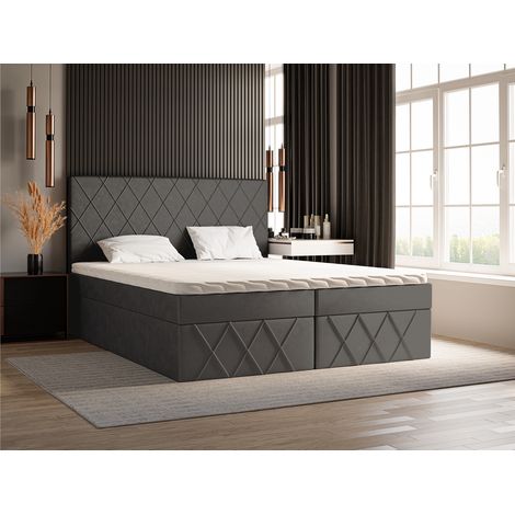 Emporius Lit continental 160x200 cm Pesto, lit en velours avec matelas, surmatelas et rangement, Gris foncé (1/5)