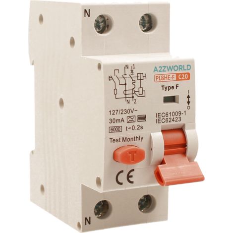 RCBO Interruttore Magnetotermico Differenziale Tipo F Curva C 1P+N 2M 6000A 30mA AC 230V IP20 IEC61009-1, Corrente Disponibili 10A 16A 20A 25A 32A 40A 63A (C20A)