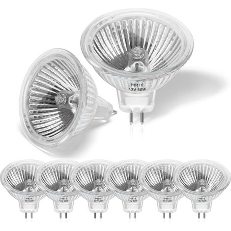 Pack 8 ampoules halogène MR16 50W 12V GU5.3, blanc chaud 2800K, dimmable, 2 broches, verre, pour spot encastré plafonnier éclairage rail