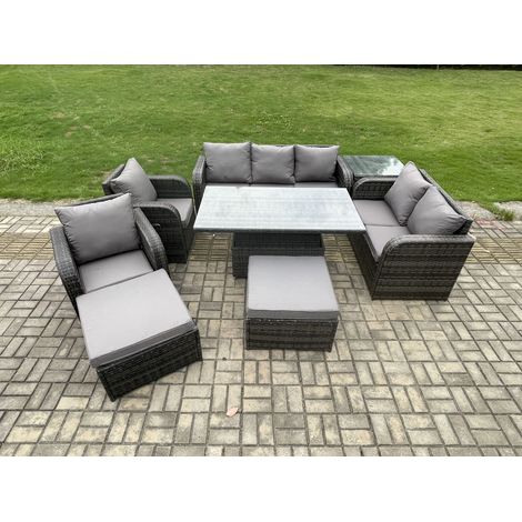 Fimous Outdoor Rattan Furniture Garden Dining Set Patio Height Adjustable Rising lifting Table Reclining Chair Sofa With Side Table 2 Big Footstools (1/5)