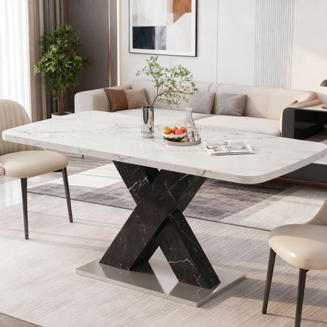 Mesa de comedor extensible 120-160x80x76,5 cm blanca y negra, efecto mármol, MEUBLIV (1/5)