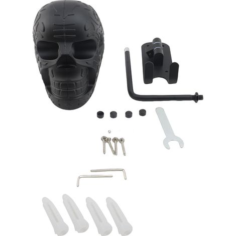 Supporto da parete per casco in alluminio nero – design a teschio, rotazione a 180°, 2 ganci inclusi (1/5)
