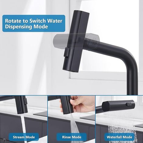 Schwarze Wasserfall-Küchenarmatur, Küchenmischer mit Ausziehbrause und 3 Strahlarten, 360° drehbare, ausziehbare Küchenspülbeckenarmatur aus Edelstahl, mattschwarze Oberfläche (1/5)