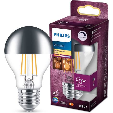 Philips – Ampoule LED E27 dimmable 7.2 W – Équivalence 50 W – Blanc chaud 2700 K – Forme poire Ø 6 cm x L 10.6 cm – Durée de vie 15000 h