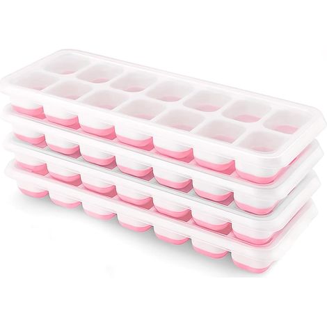 Set de 4 plateaux à glaçons en silicone avec couvercle, plateau à glaçons carré facile à enlever (rose) (1/5)