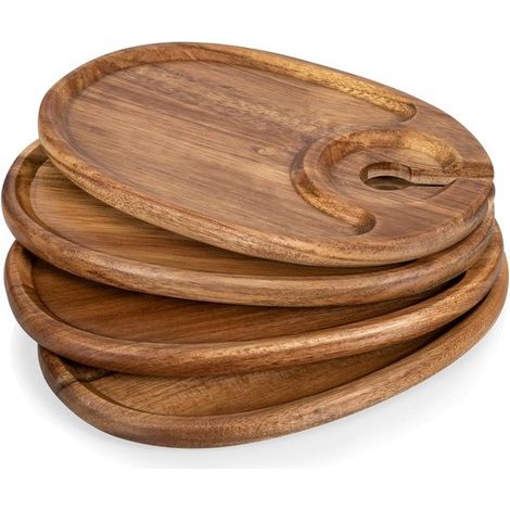 4 bandejas ovaladas de madera de acacia para vino y aperitivos，con soporte para copas y mini platos para charcutería (1/5)