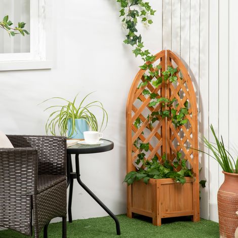 Fioriera Outsunny con traliccio angolare, foro di drenaggio, resistente alle intemperie, in legno naturale, marrone, 32 x 32 x 108 cm (1/5)