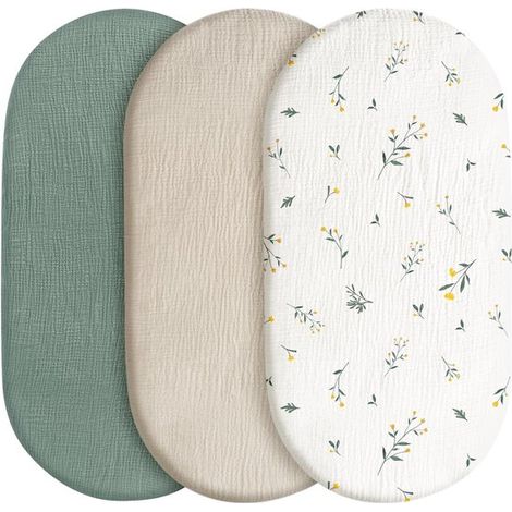 Draps-housses pour berceau 3 pièces 80 x 40 cm – Draps en mousseline pour matelas bébé – Housses pour berceau et matelas de landau – Motif floral – Crème (1/5)