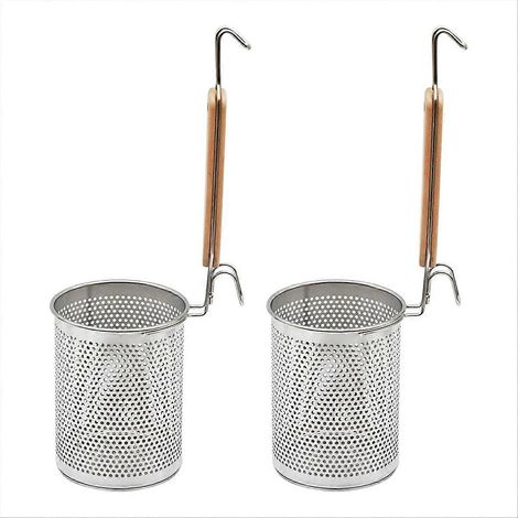 Passoire à pâtes en acier inoxydable, lot de 2, avec manche en bois, pour égoutter les pâtes et raviolis. (1/5)