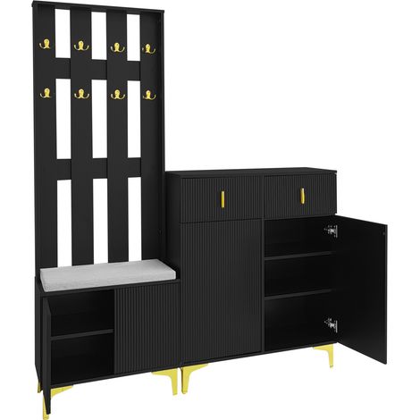 Set ingresso con scarpiera, panca e appendiabiti con ganci dorati, nero (1/5)