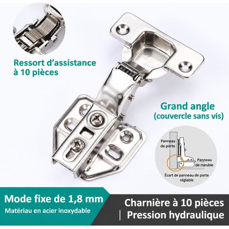 Charnière de meuble grand coude 1.8 fixe 10 bras sans cache en inox 304 avec vis 1.8 10 réf 8392 – Livraison gratuite