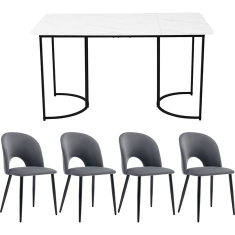 Ensemble de salle à manger, set avec table 140×80 cm et 4 chaises, ensemble de table de cuisine moderne, chaises de salle à manger en velours à motif diamant, pieds de chaise réglables, velours gris, (1/5)