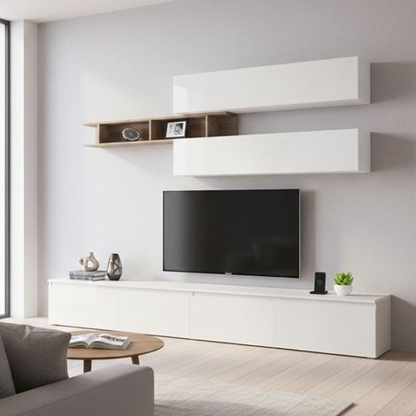 Dmora - Pared Equipada Gilma, Composición de la sala de estar, Muebles de salón, Gabinete de TV, Made in Italy, 276x40 h190 cm, Blanco brillante y Roble (1/4)
