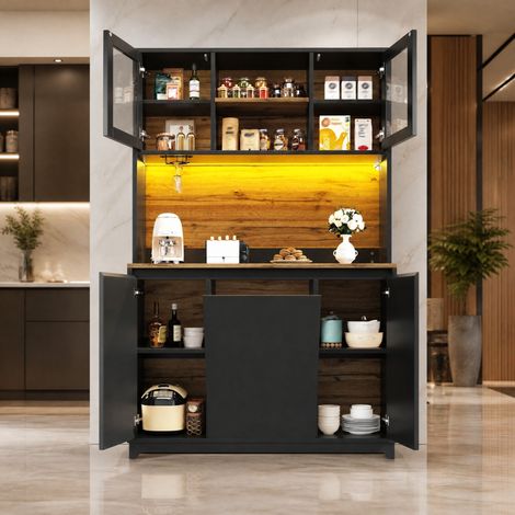 Aparador de cocina 120 x 40 x 180 cm con LED, puertas acrílicas, negro, OKWISH (1/5)