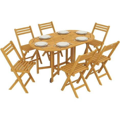 Ensemble salon de jardin 7 pièces en bois FSC, table extensible avec trou pour parasol et 6 chaises pliantes au design lamellé