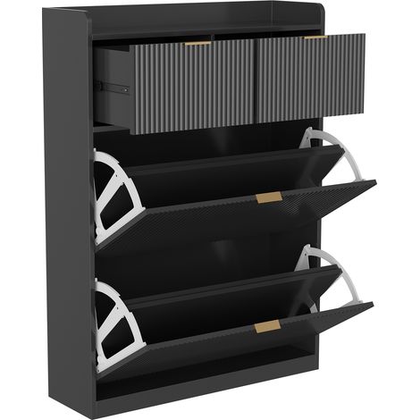 Meuble Chaussure avec 2 Tiroir, 2 Abattants avec Cloison Réglable, Armoire à Chaussures pour 12-18 Paires, Rangement Chaussure pour Entrée, Couloir, Dressing, 24 x 80 x 110 cm, Noir