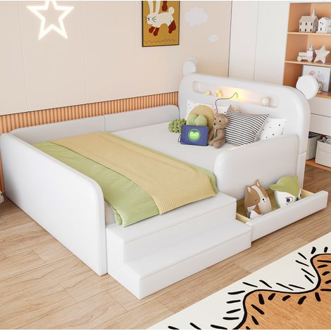 Kinder-Polsterbett 140 x 200 cm mit Bärenkopfteil, LED, USB, Stauraum, Weiß (1/5)