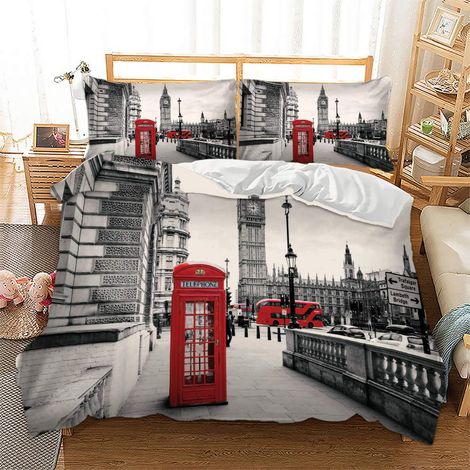 Parure de lit avec housse de couette 135x200 cm et 1 taie d'oreiller 80x80 cm Motif cabine téléphonique de Londres,Rouge,Motif paysage urbain moderne,2 pièces,135x200 cm + 80x80 cm,Pour enfant (1/5)