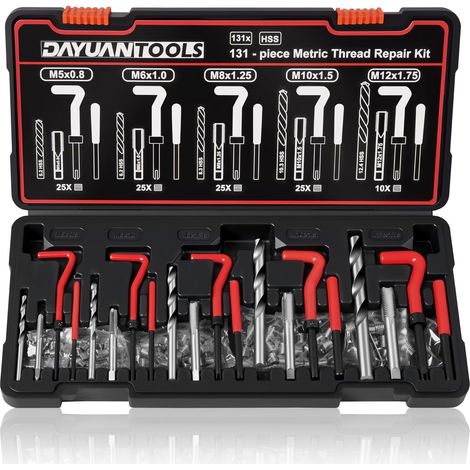 Kit di riparazione filettature Helicoil da 131 pezzi M5 M6 M8 M10 M12  Attrezzi per la riparazione di maschi danneggiati per vari materiali, assortimento completo di misure (1/5)