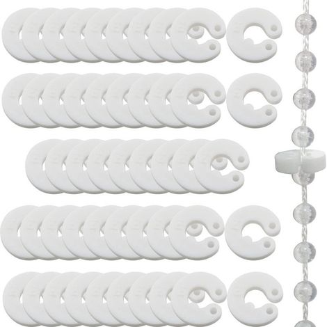 Rideaux blancs avec anneaux de limitation, stores enrouleurs, stores vénitiens, anneaux de positionnement en plastique, cordons de tirage, perles ajustées et anneaux de verrouillage. (1/5)